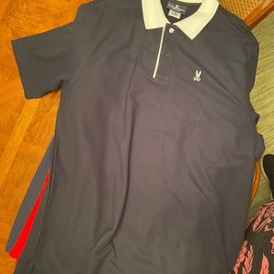 Men’ Psycho Bunny size 8 black  polo contrasting white collar lime green accent